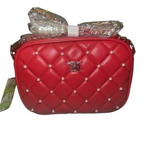 Badgley Mischka Red Quilted Vegan Leather Pearl Camera Bag NWT